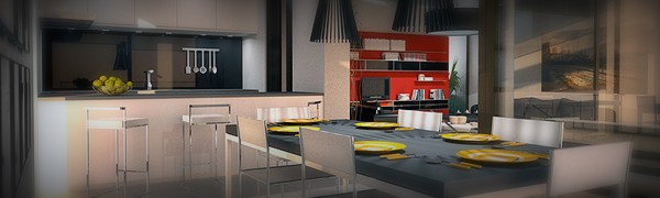 Portfolio - Ixotype - Nuevo Medio Urbano - Ibiza - Modelado 3D - Vista de comedor y cocina Portfolio - Ixotype - Nuevo Medio Urbano - Ibiza - Modelado 3D - Vista de comedor y cocina