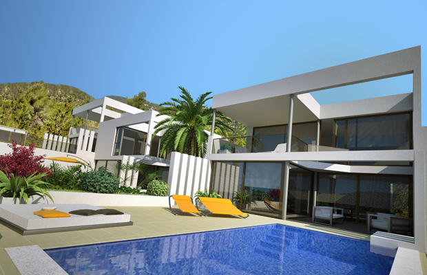 Portfolio - Ixotype - Nuevo Medio Urbano - Ibiza - Infografía 3D - Vista de piscina y fachada posterior de la vivienda